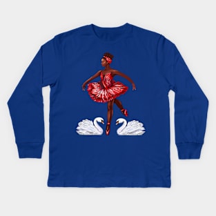 Swan - African American Ballerina Black girl dancing Ballet Dance Brown skin Ballerina Kids Long Sleeve T-Shirt